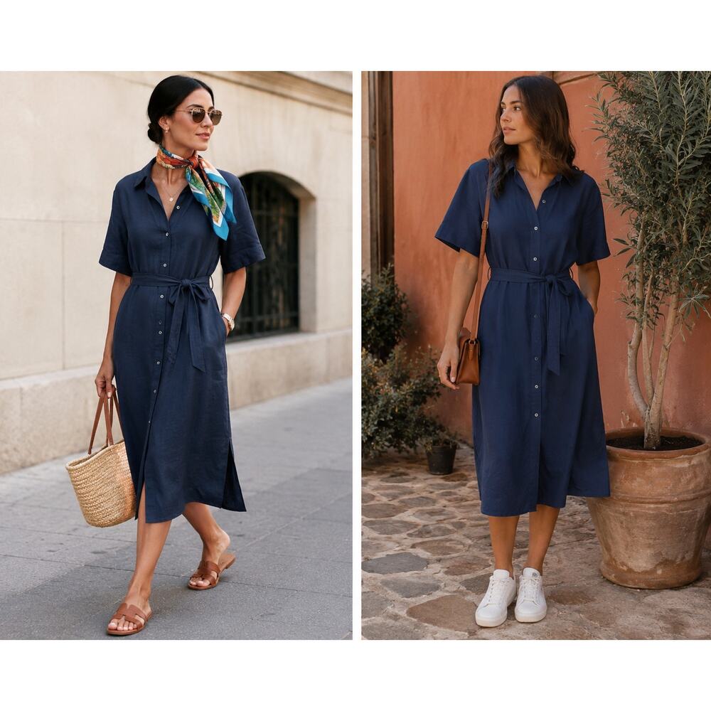 Babaton Aritzia Navy Linen blend Belted midi Shirt Dress pockets M fits L/ XL